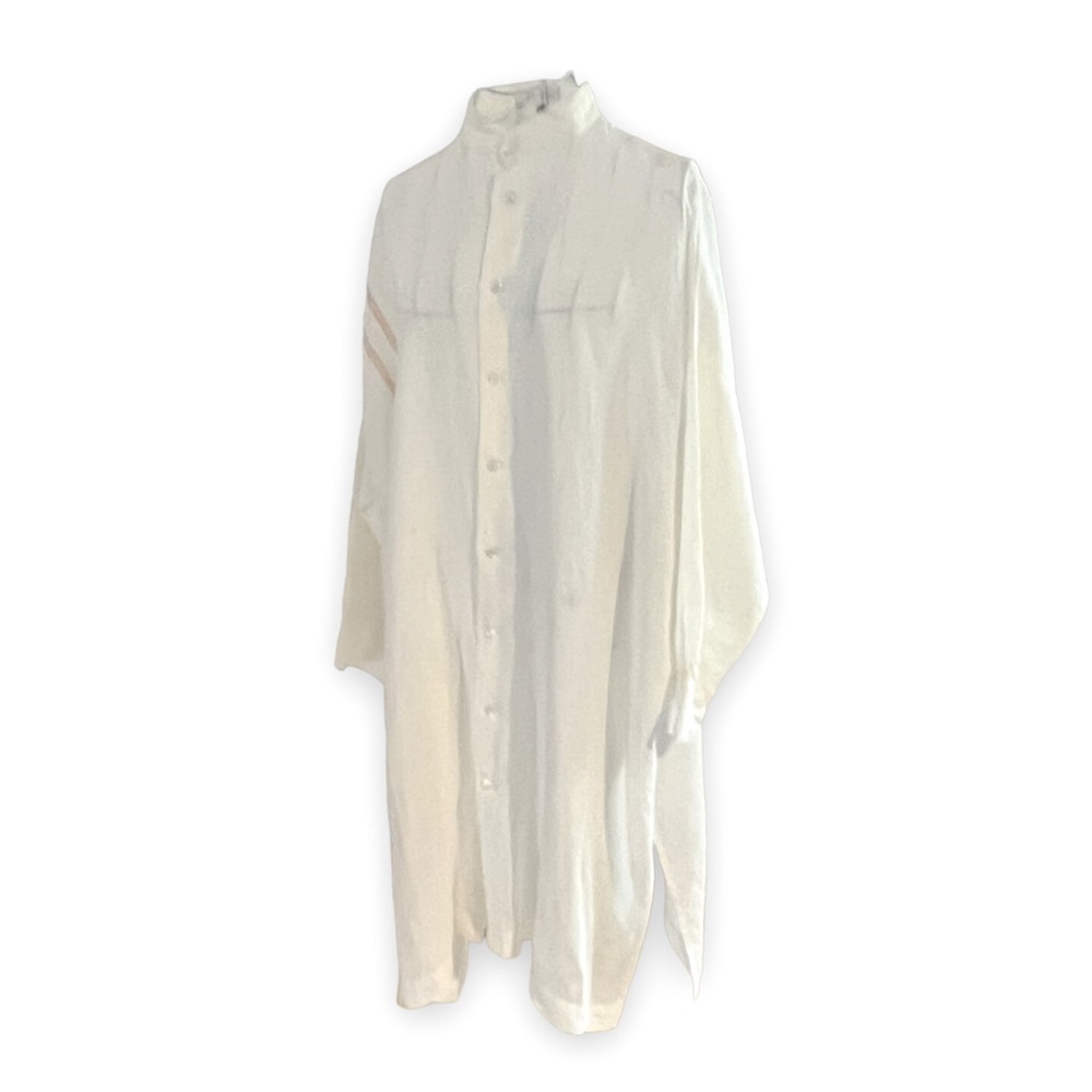 Eskandar XL White Linen Tunic with Gauze Textured Orange Stripe Detail OOAK